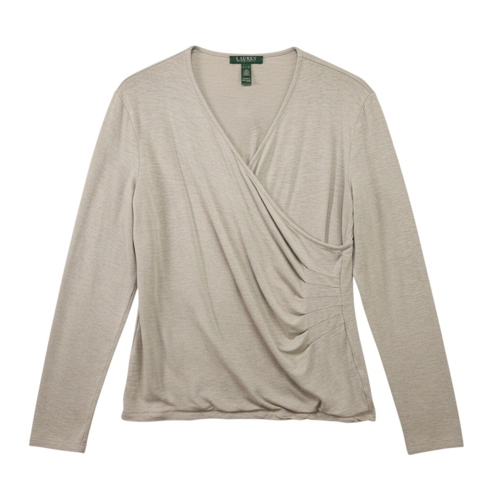 Lauren Ralph Lauren Shirt Women XL Heather Beige Gray Wrap Front Long Sleeve Top